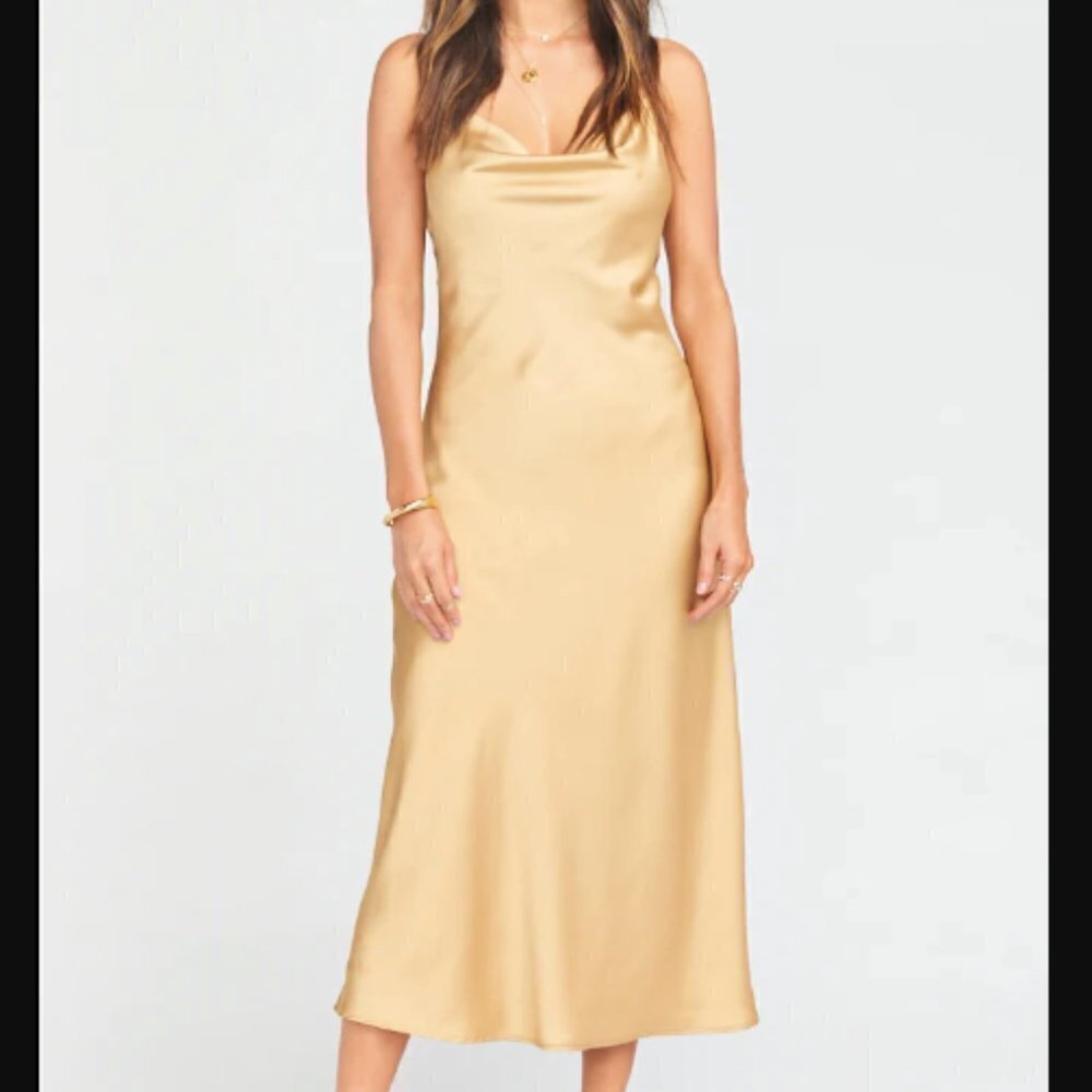 Show Me Your Mumu Verona Cowl Dress in True Gold Luxe Satin sz XS